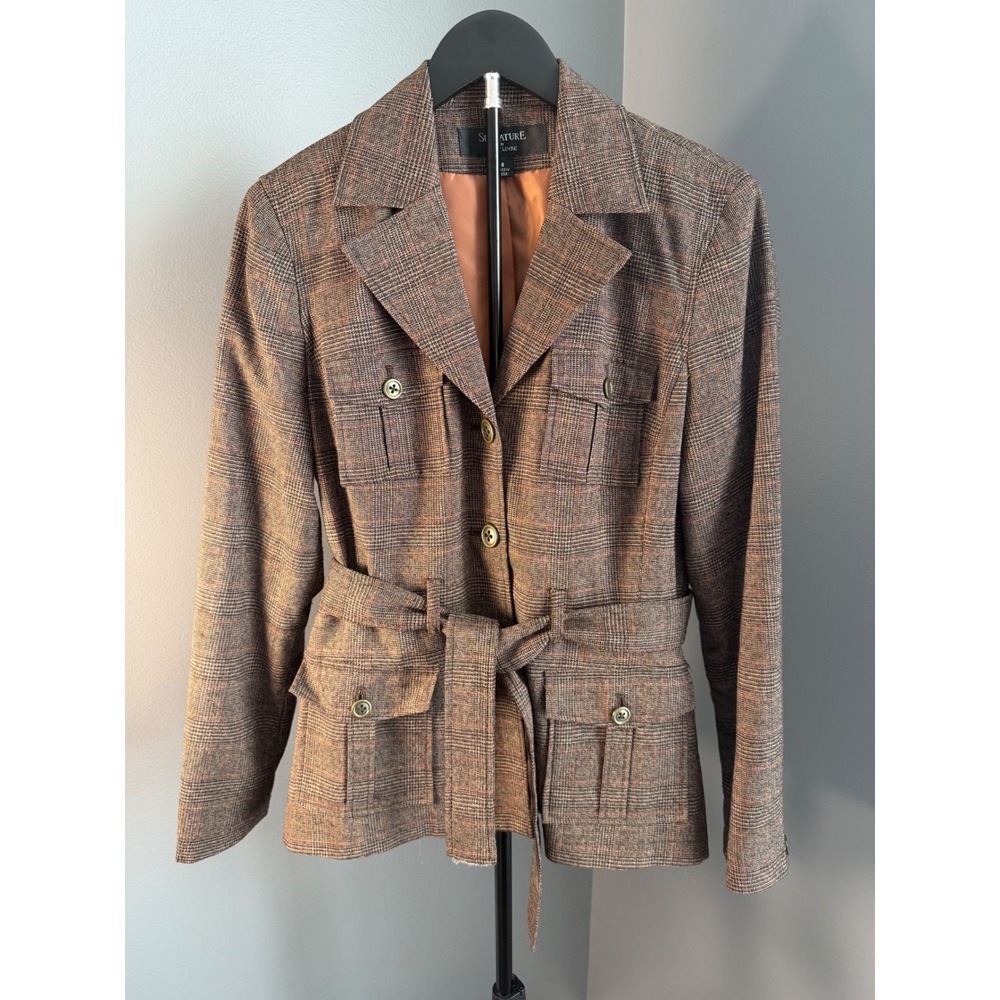 Signature Larry Levine Blazer Women 8 Brown Glen Plaid Belted Preppy Classic